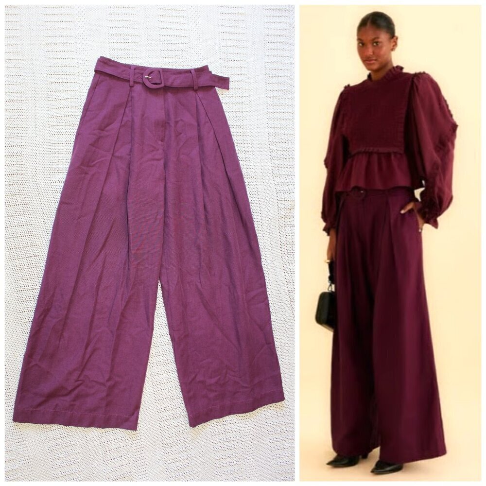 Farm Rio Tailored Wide Legs Pants Size XS Burgundy Trousers Office Travel pocket